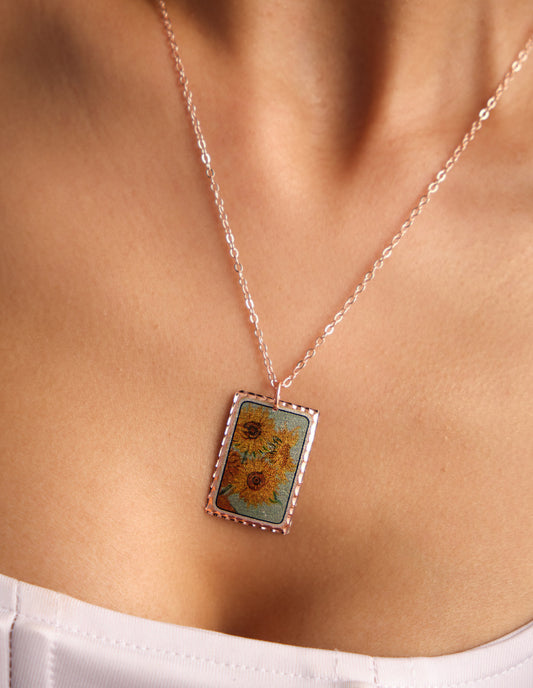 Vincent Van Gogh Sunflowers Near Tablo Rectangle Tasarım Kolye