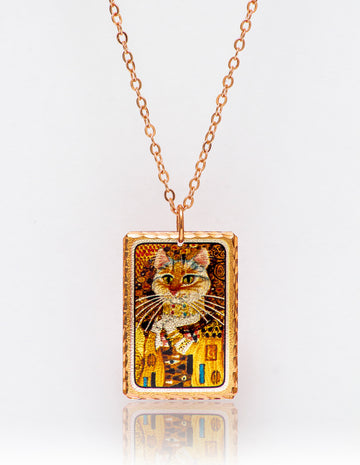Gustav Klimt Gold Cat Tablo Rectangle Tasarım Kolye