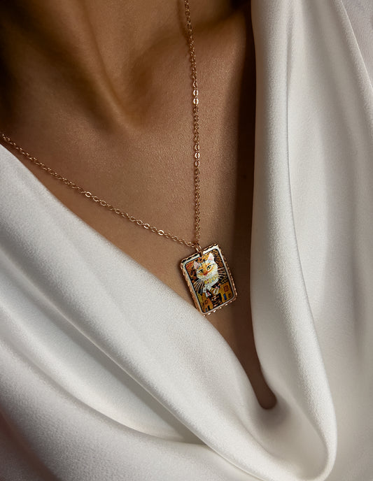 Gustav Klimt Gold Cat Tablo Rectangle Tasarım Kolye