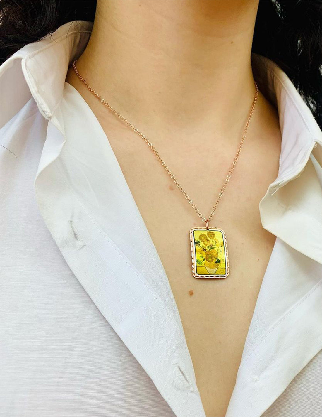 Vincent Van Gogh Sunflowers Tablo Rectangle Tasarım Kolye